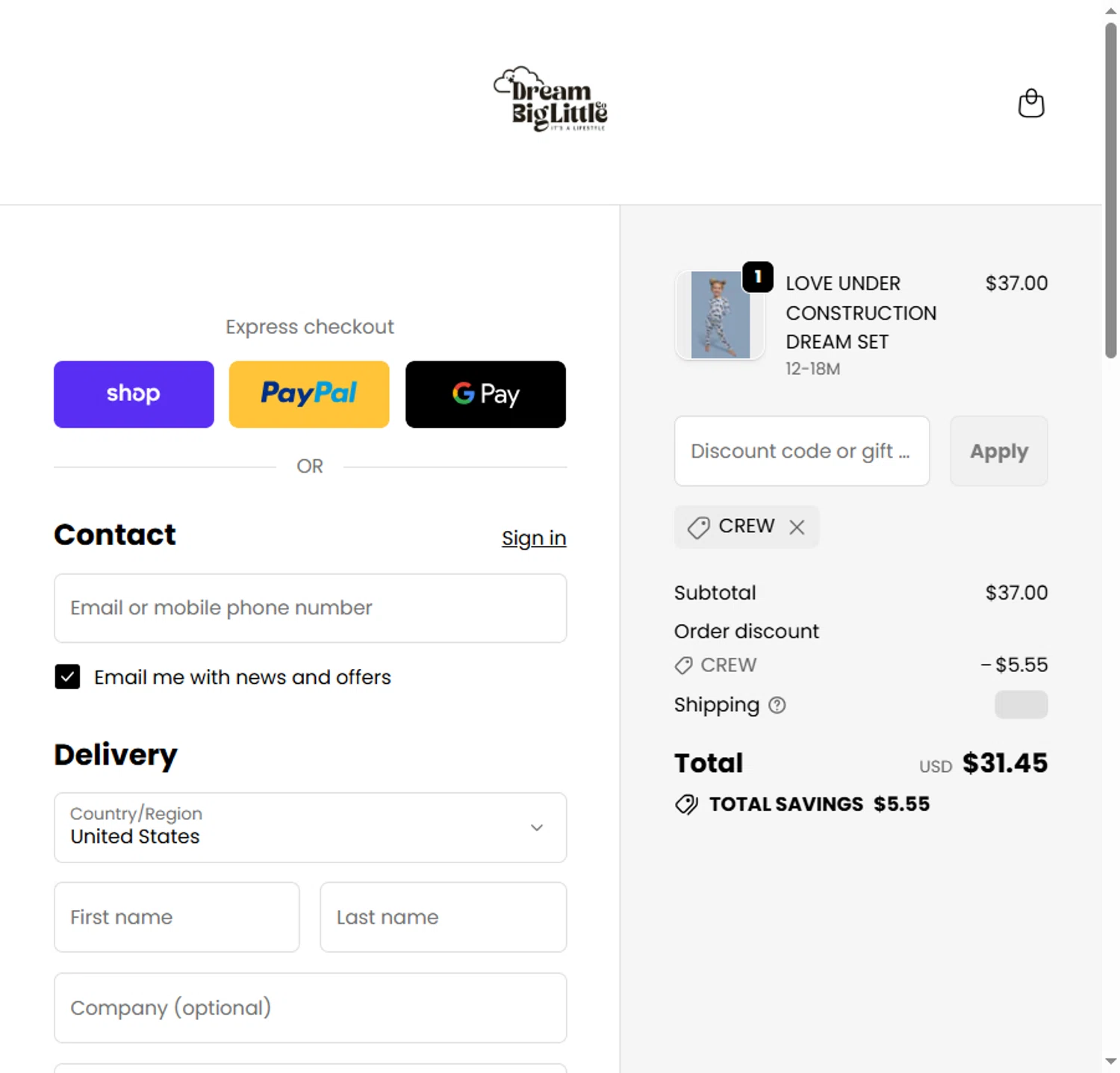 Dream Big Little Co. discount code screenshot showing code CREW applied at Dream Big Little Co. checkout page. Uploaded by SimplyCodes community member BeaMartinez on Jan 15, 2026