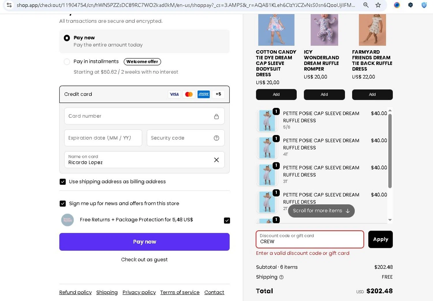 Dream Big Little Co. discount code screenshot showing code CREW applied at Dream Big Little Co. checkout page. Uploaded by SimplyCodes community member LAMINEJAMAL on Nov 17, 2025