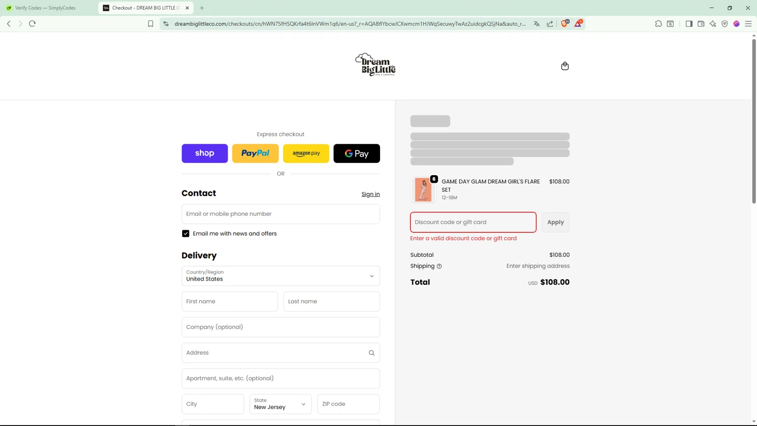 Dream Big Little Co. discount code screenshot showing code WATERWINGS applied at Dream Big Little Co. checkout page. Uploaded by SimplyCodes community member Livingston on Jan 10, 2026