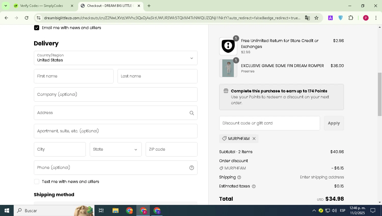 Dream Big Little Co. discount code screenshot showing code Murphfam applied at Dream Big Little Co. checkout page. Uploaded by SimplyCodes community member Paul_Skenes on Feb 11, 2025