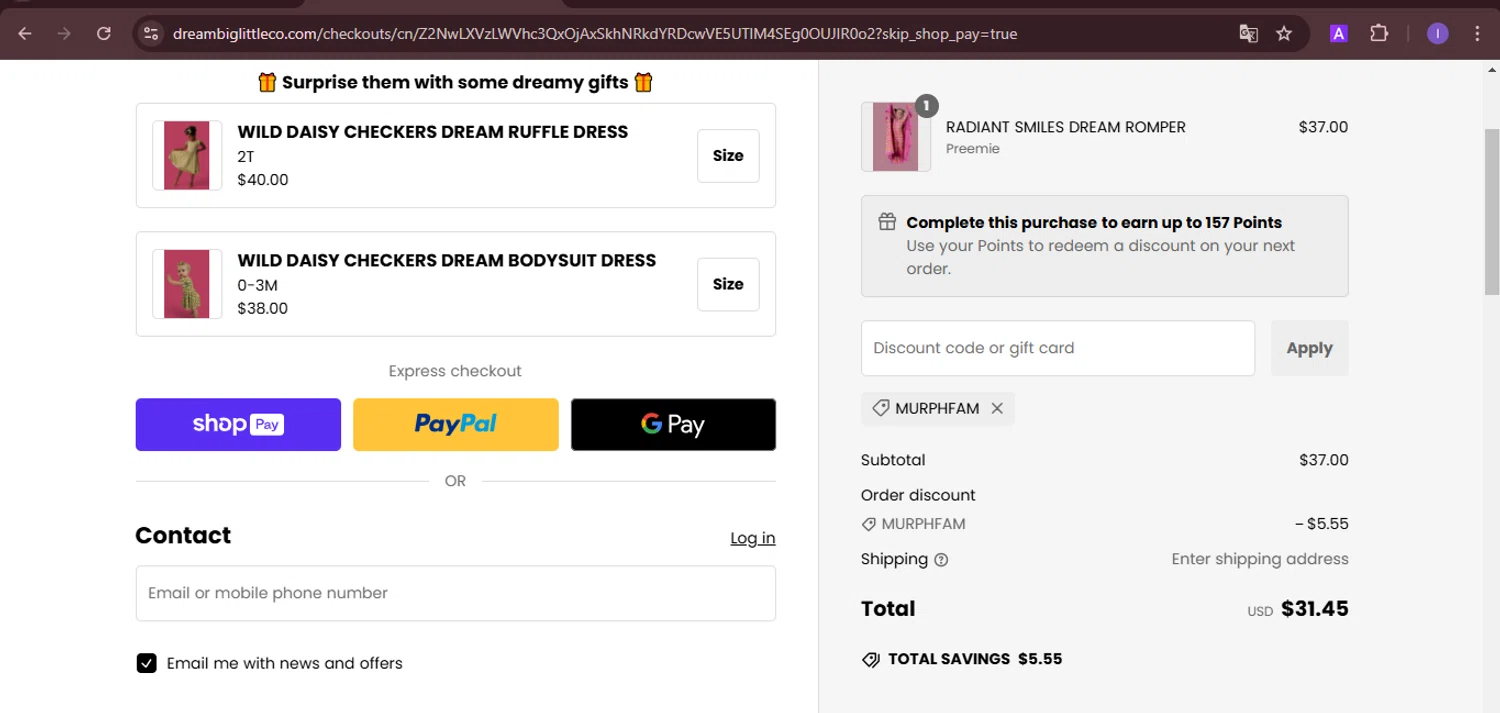 Dream Big Little Co. discount code screenshot showing code Murphfam applied at Dream Big Little Co. checkout page. Uploaded by SimplyCodes community member joineds on Jan 15, 2025