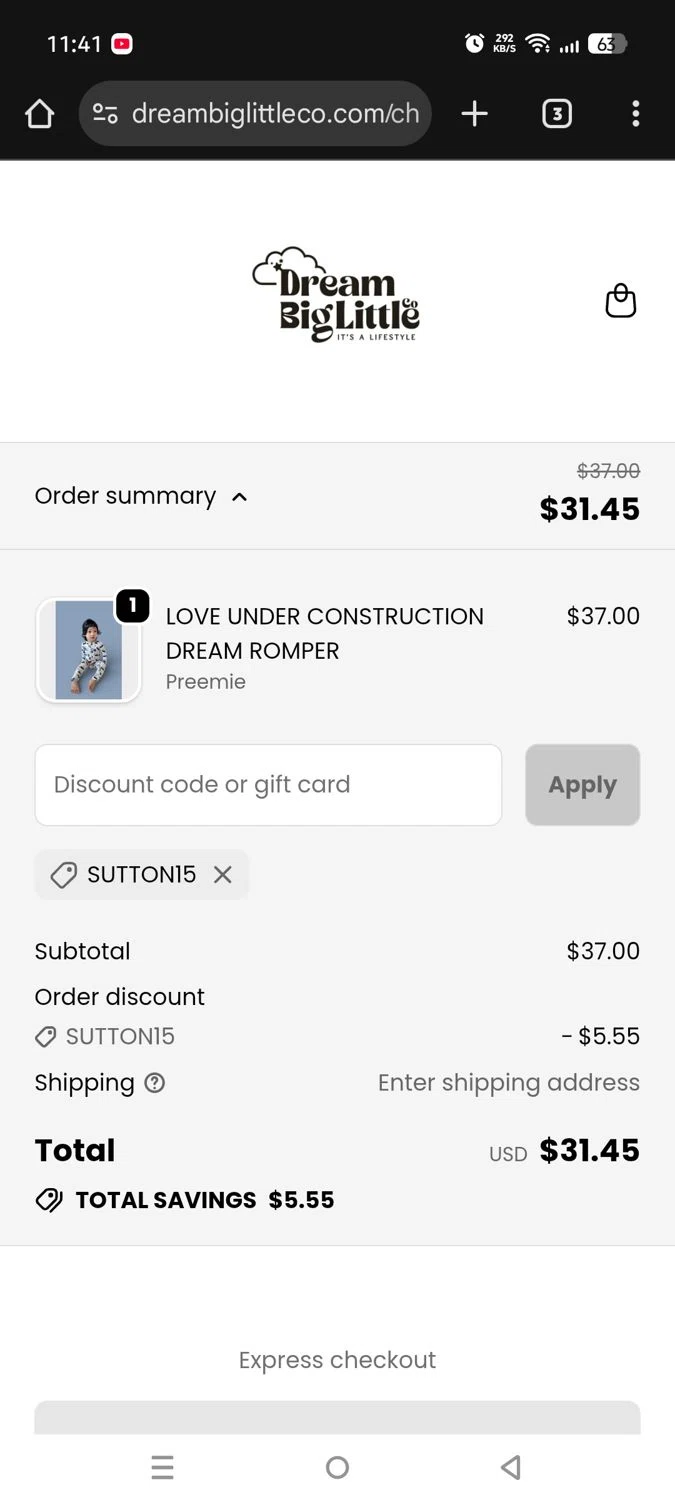 Dream Big Little Co. discount code screenshot showing code SUTTON15 applied at Dream Big Little Co. checkout page. Uploaded by SimplyCodes community member Mdeoca on Jan 15, 2026