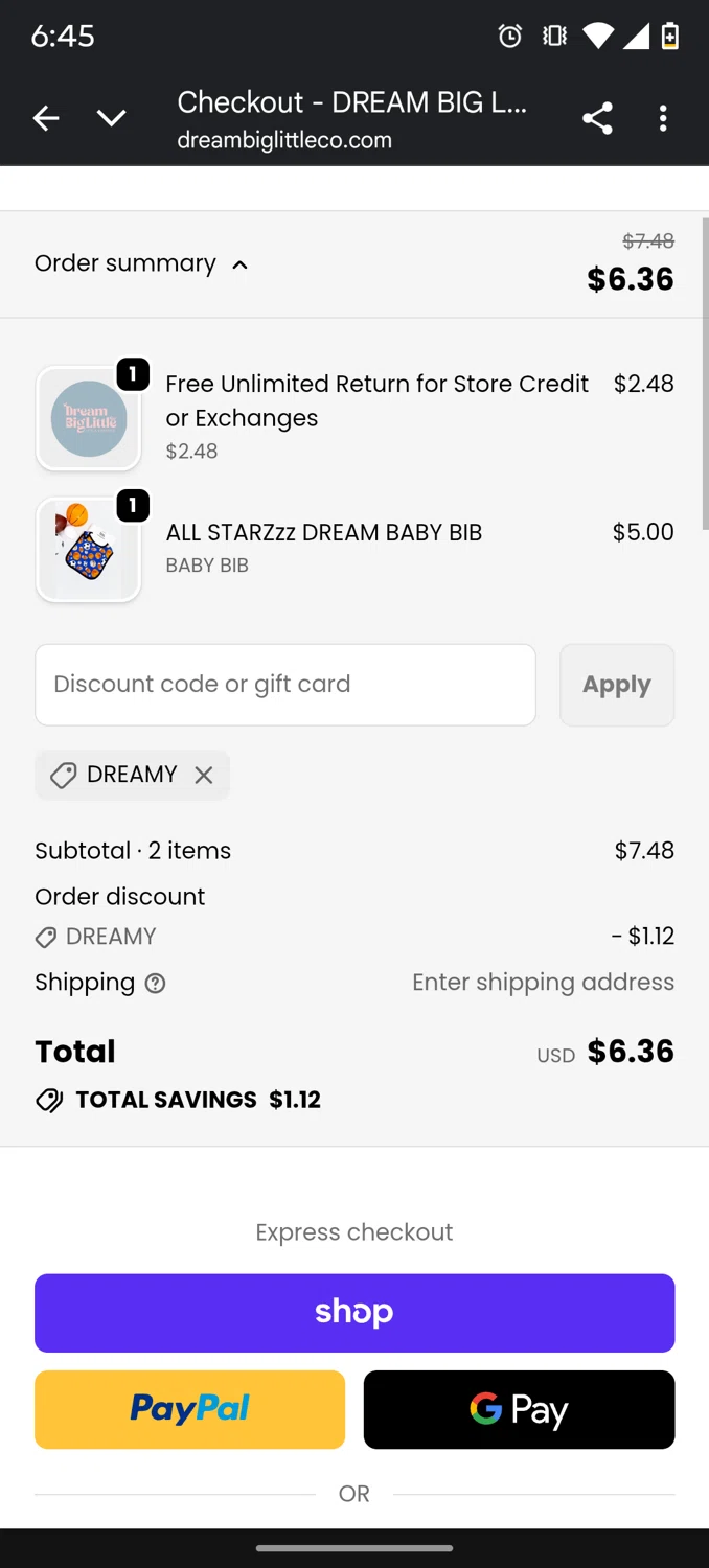 Dream Big Little Co. discount code screenshot showing code Dreamy applied at Dream Big Little Co. checkout page. Uploaded by SimplyCodes community member Runner on Nov 17, 2025