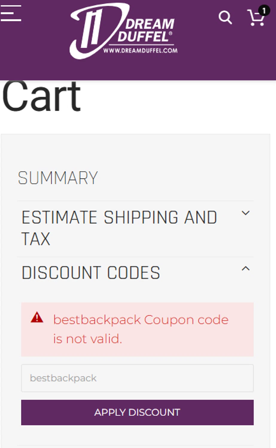 Dream Duffel discount code screenshot showing code bestbackpack applied at Dream Duffel checkout page. Uploaded by SimplyCodes community member MightyHunter5940 on Sep 10, 2025