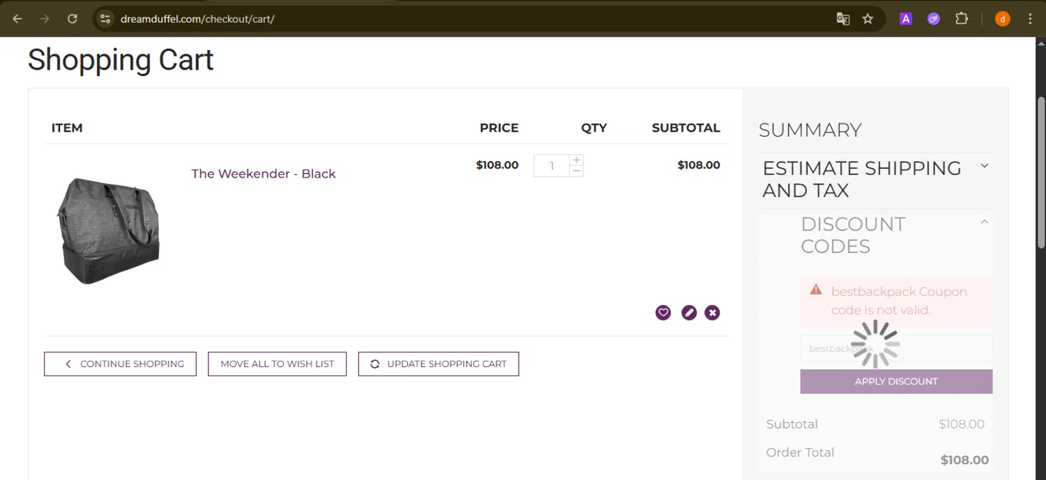 Dream Duffel discount code screenshot showing code bestbackpack applied at Dream Duffel checkout page. Uploaded by SimplyCodes community member PennyAdmiral6960 on Sep 10, 2025