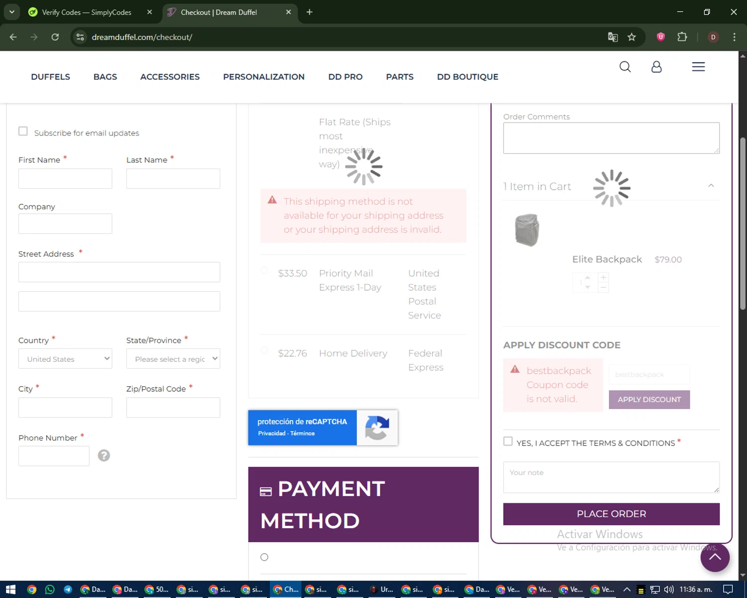 Dream Duffel discount code screenshot showing code bestbackpack applied at Dream Duffel checkout page. Uploaded by SimplyCodes community member liltecca on Sep 10, 2025