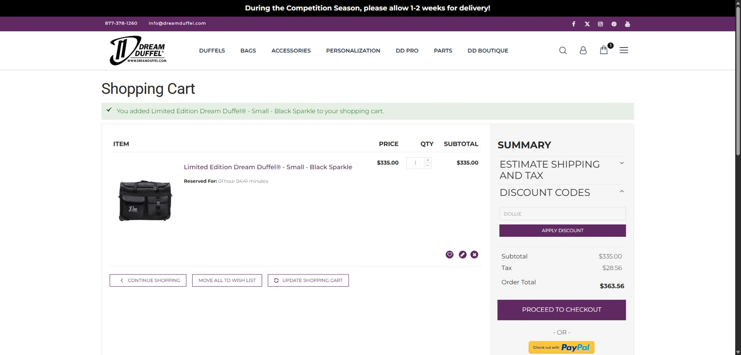 Dream Duffel discount code screenshot showing code DOLLIE applied at Dream Duffel checkout page. Uploaded by SimplyCodes community member FortunateElite6708 on Sep 24, 2025