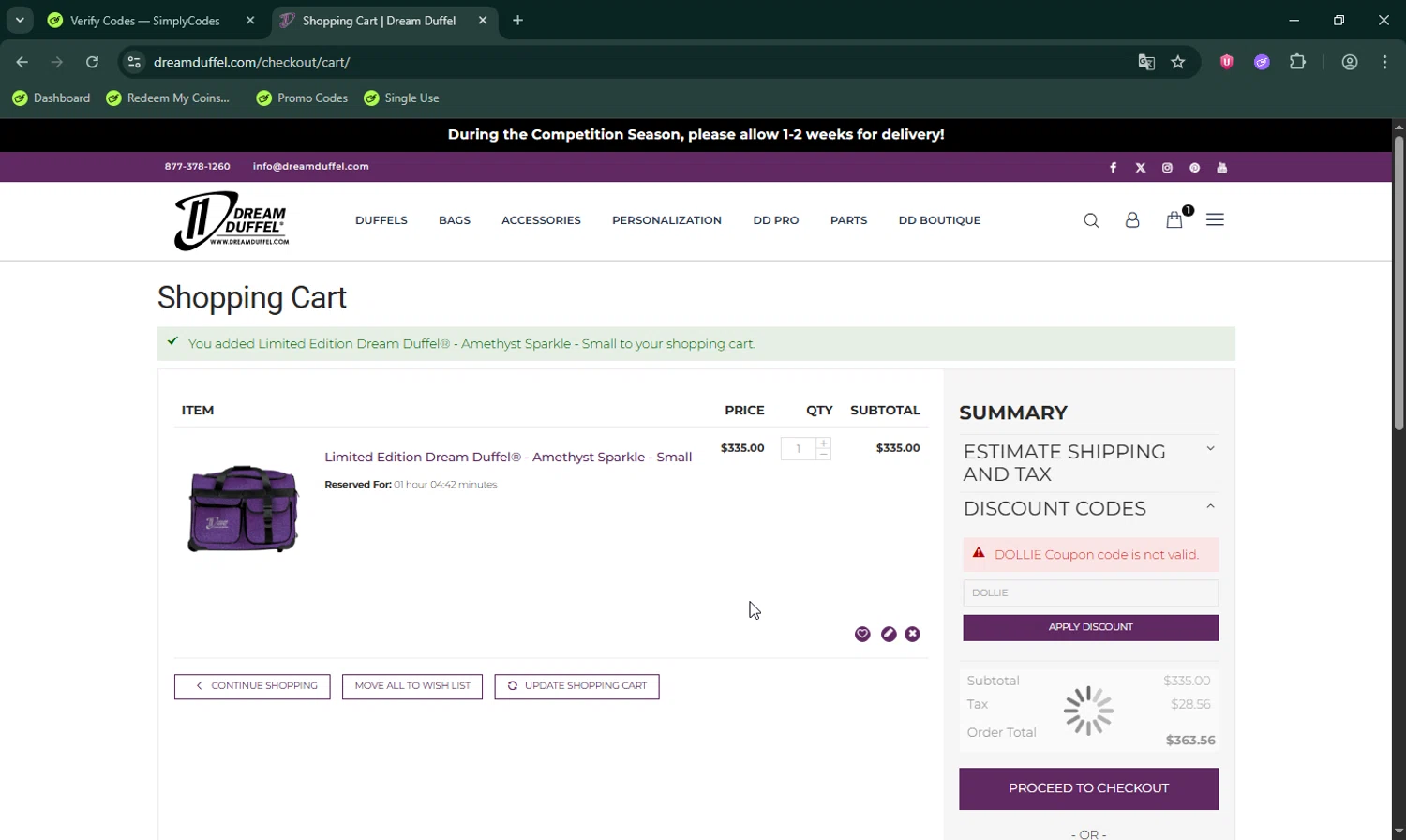 Dream Duffel discount code screenshot showing code DOLLIE applied at Dream Duffel checkout page. Uploaded by SimplyCodes community member LHaunter on Sep 24, 2025