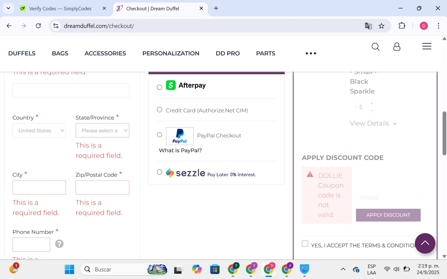 Dream Duffel discount code screenshot showing code DOLLIE applied at Dream Duffel checkout page. Uploaded by SimplyCodes community member LuckyHero4650 on Sep 24, 2025