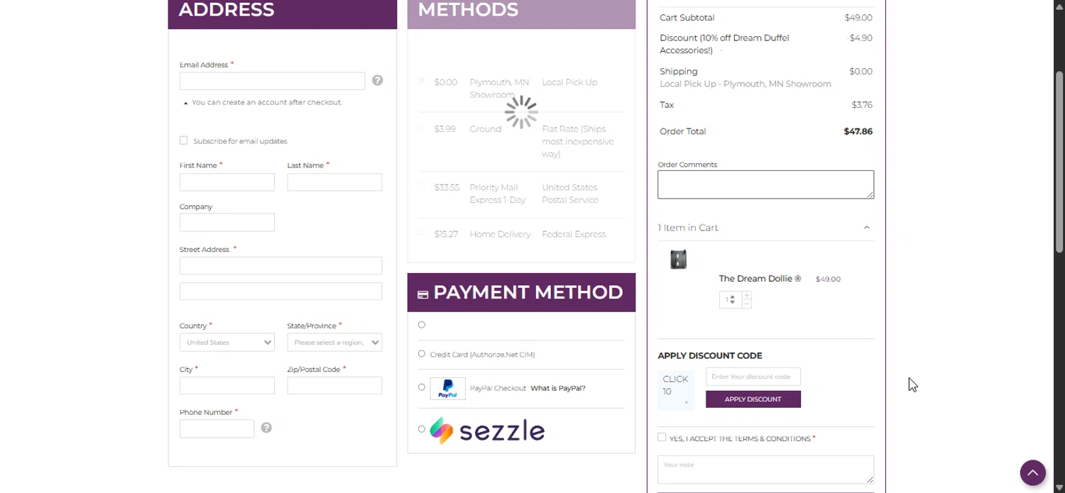 Dream Duffel discount code screenshot showing code CLICK10 applied at Dream Duffel checkout page. Uploaded by SimplyCodes community member LuckyPioneer1027 on Oct 19, 2025