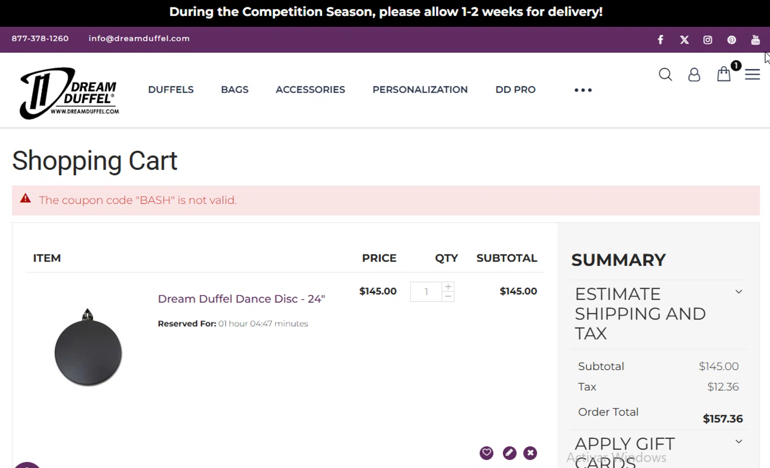 Dream Duffel discount code screenshot showing code BASH applied at Dream Duffel checkout page. Uploaded by SimplyCodes community member ligthYA on Jan 29, 2026