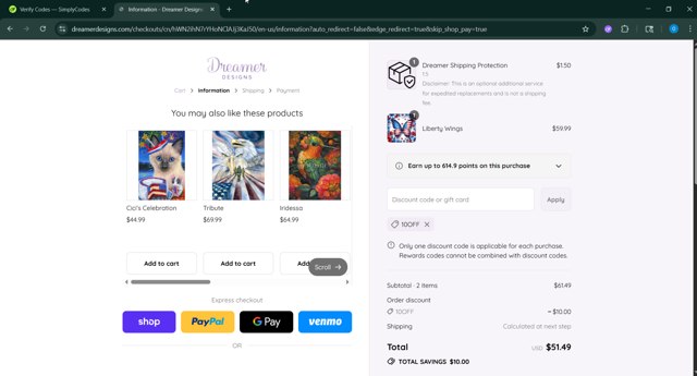 Dreamer Designs checkout page showing Dreamer Designs discount code box | Screenshot taken by SimplyCodes community member on Sep 8, 2025