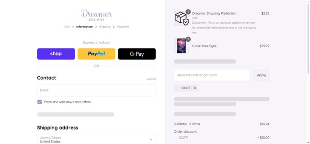 Dreamer Designs checkout page showing Dreamer Designs discount code box | Screenshot taken by SimplyCodes community member on Sep 7, 2025