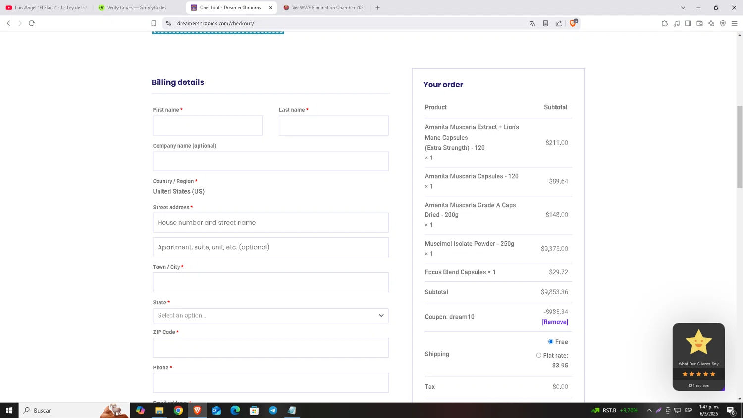 Dreamer Shrooms promo code screenshot showing code dream10 applied at Dreamer Shrooms checkout page. Uploaded by SimplyCodes community member Carloscoder_900457733 on Mar 6, 2025