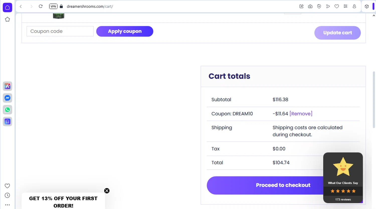 Dreamer Shrooms promo code screenshot showing code dream10 applied at Dreamer Shrooms checkout page. Uploaded by SimplyCodes community member rafaelmarquez on Jun 15, 2025