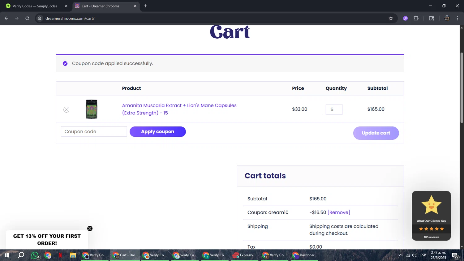 Dreamer Shrooms promo code screenshot showing code dream10 applied at Dreamer Shrooms checkout page. Uploaded by SimplyCodes community member xxdddd on May 25, 2025
