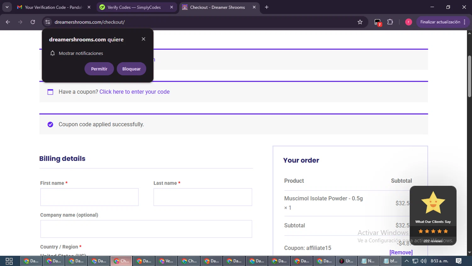 Dreamer Shrooms promo code screenshot showing code AFFILIATE15 applied at Dreamer Shrooms checkout page. Uploaded by SimplyCodes community member WisePro3739 on Dec 13, 2025