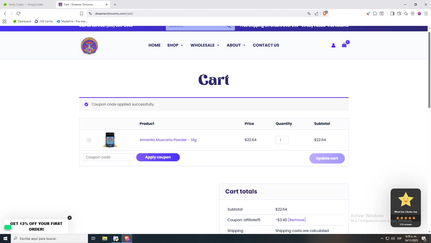 Dreamer Shrooms promo code screenshot showing code AFFILIATE15 applied at Dreamer Shrooms checkout page. Uploaded by SimplyCodes community member jHjJJJhgPlDmsdUYitrNMASDll on Nov 14, 2025
