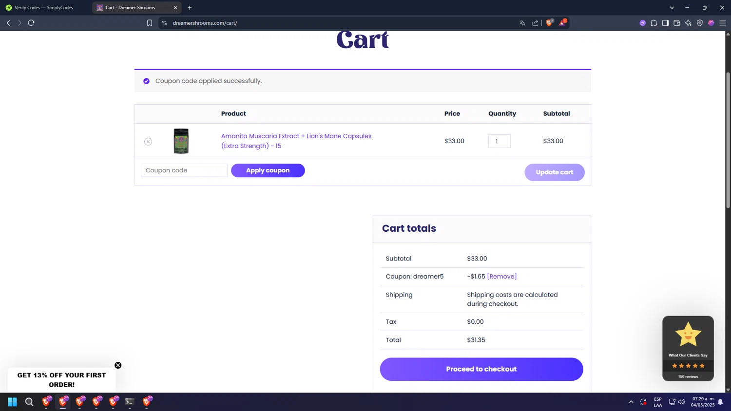 Dreamer Shrooms promo code screenshot showing code dreamer5 applied at Dreamer Shrooms checkout page. Uploaded by SimplyCodes community member diosgreed2030 on May 4, 2025