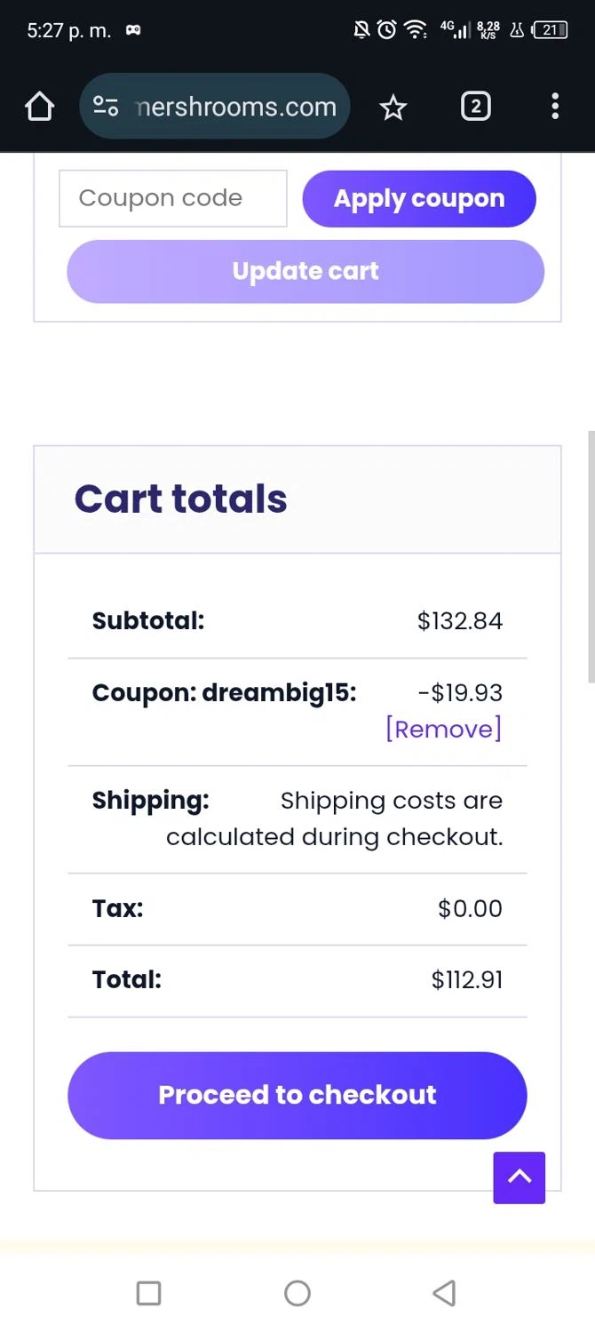 Dreamer Shrooms promo code screenshot showing code DREAMBIG15 applied at Dreamer Shrooms checkout page. Uploaded by SimplyCodes community member Junniorduno on Oct 15, 2025