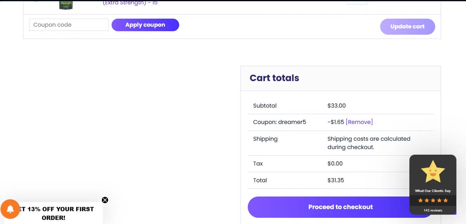 Dreamer Shrooms promo code screenshot showing code dreamer5 applied at Dreamer Shrooms checkout page. Uploaded by SimplyCodes community member juanisaac on Apr 5, 2025