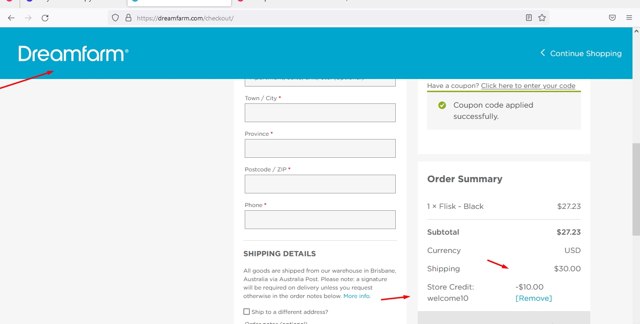 Dreamfarm checkout page showing Dreamfarm coupon code box | Screenshot taken by SimplyCodes community member on Nov 28, 2022