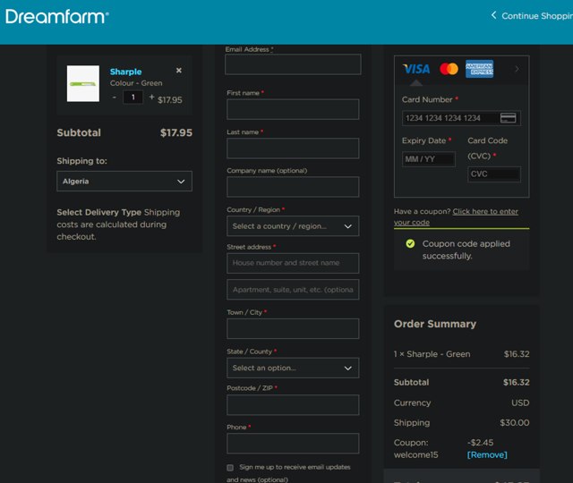 Dreamfarm checkout page showing Dreamfarm coupon code box | Screenshot taken by SimplyCodes community member on Jun 5, 2024