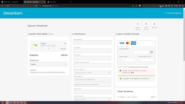 Dreamfarm checkout page showing Dreamfarm coupon code box | Screenshot taken by SimplyCodes community member on Oct 21, 2024