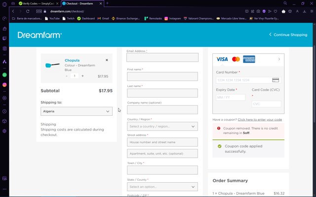 Dreamfarm checkout page showing Dreamfarm coupon code box | Screenshot taken by SimplyCodes community member on Sep 22, 2024