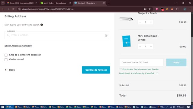 Dreamfarm checkout page showing Dreamfarm coupon code box | Screenshot taken by SimplyCodes community member on Jul 9, 2025