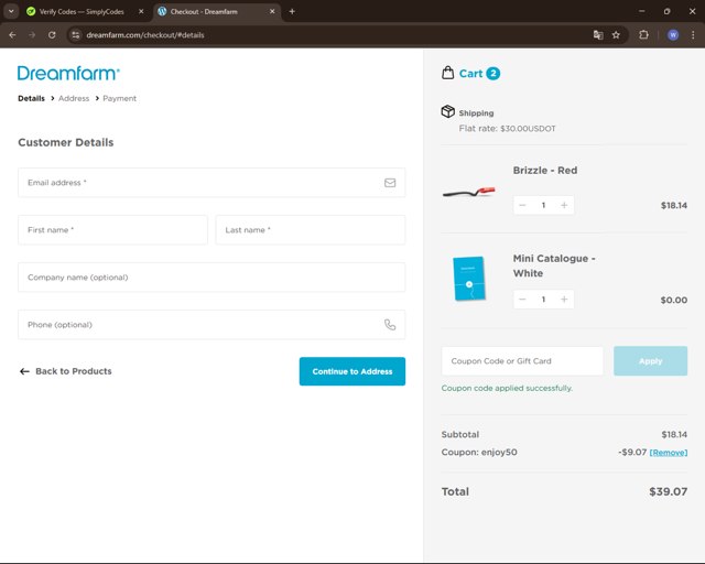 Dreamfarm checkout page showing Dreamfarm coupon code box | Screenshot taken by SimplyCodes community member on Apr 11, 2025