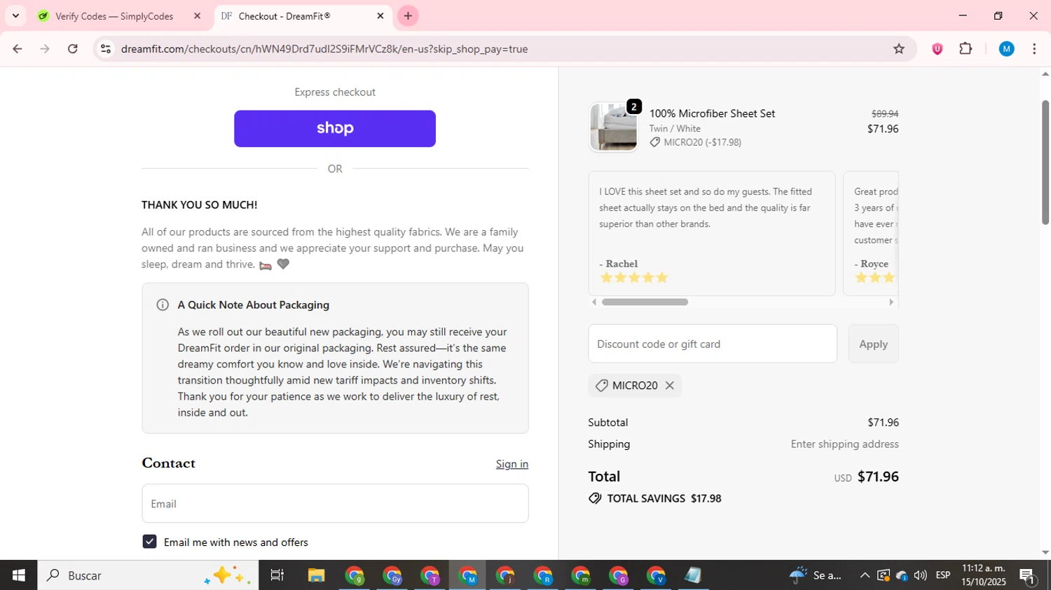 DreamFit coupon code screenshot showing code MICRO20 applied at DreamFit checkout page. Uploaded by SimplyCodes community member LegendaryCurator1585 on Oct 15, 2025