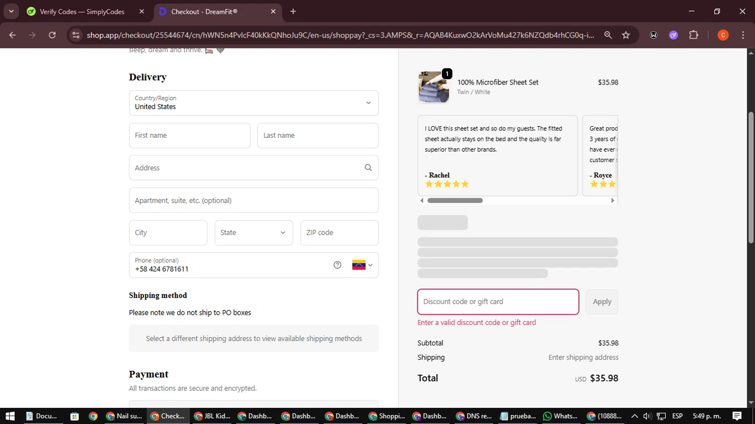 DreamFit coupon code screenshot showing code MICRO20 applied at DreamFit checkout page. Uploaded by SimplyCodes community member NatanaelCano on Nov 27, 2025