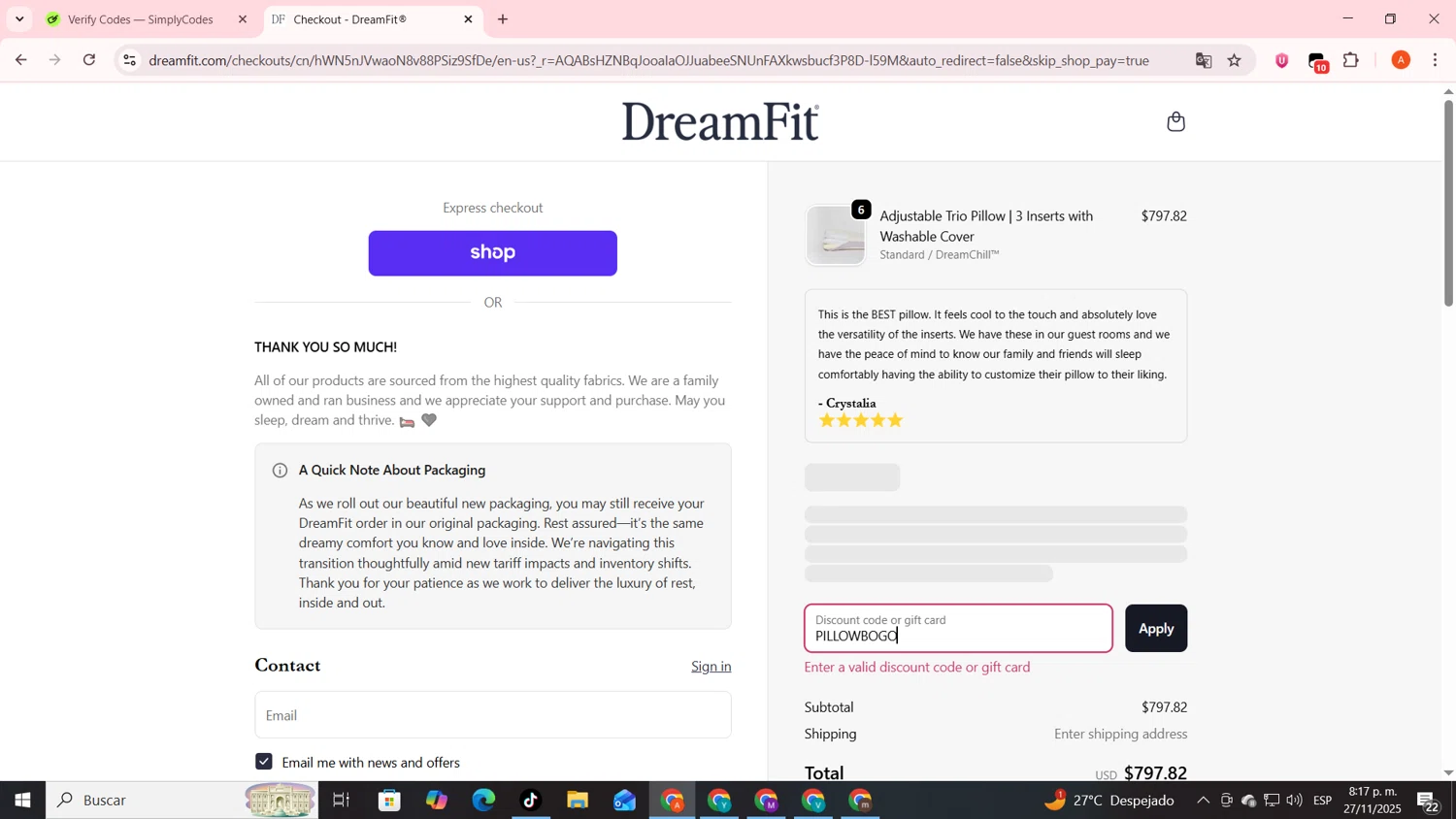 DreamFit coupon code screenshot showing code PILLOWBOGO applied at DreamFit checkout page. Uploaded by SimplyCodes community member FrugalSentinel6206 on Nov 28, 2025