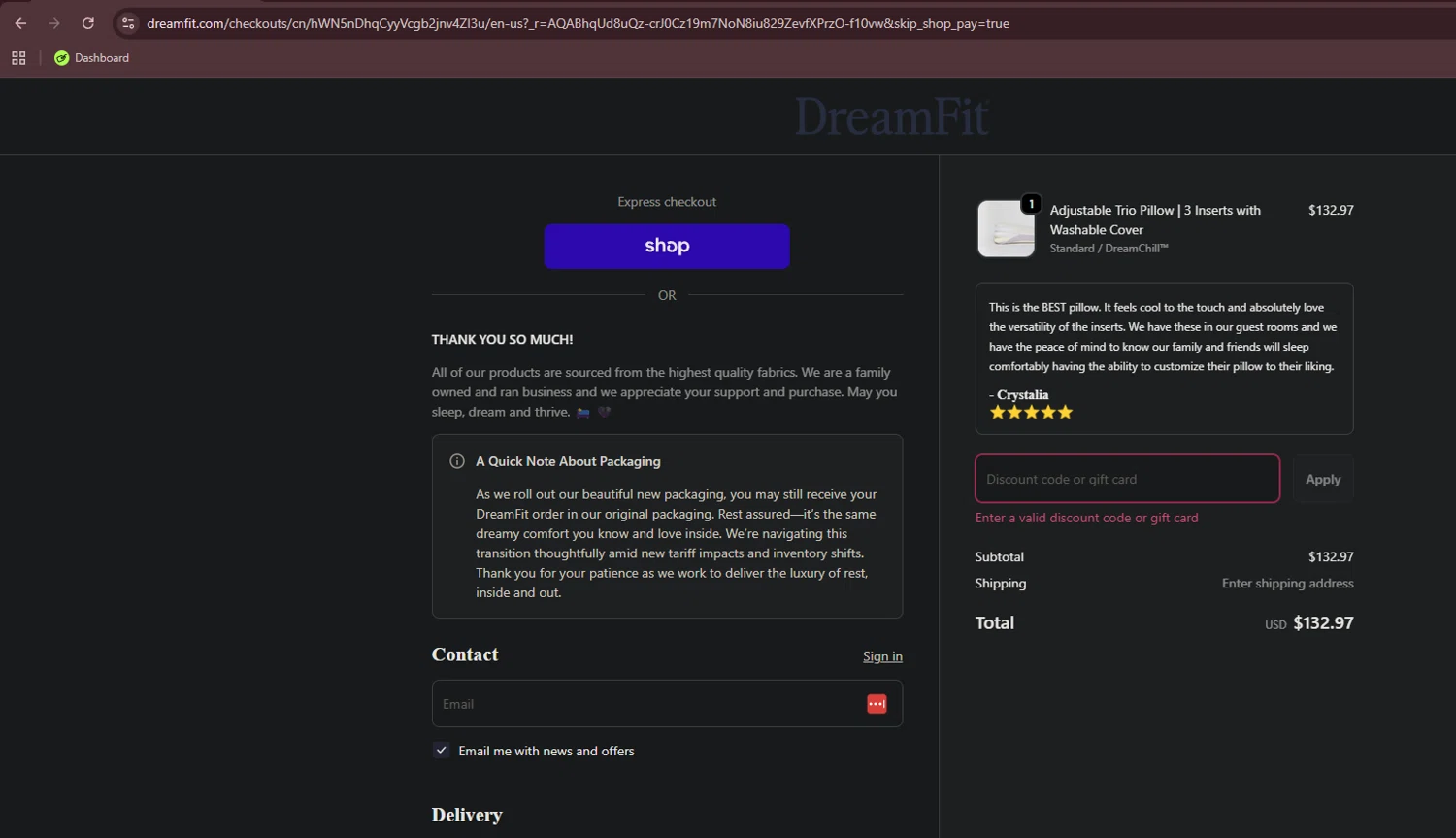 DreamFit coupon code screenshot showing code PILLOWBOGO applied at DreamFit checkout page. Uploaded by SimplyCodes community member TheRodan on Nov 27, 2025