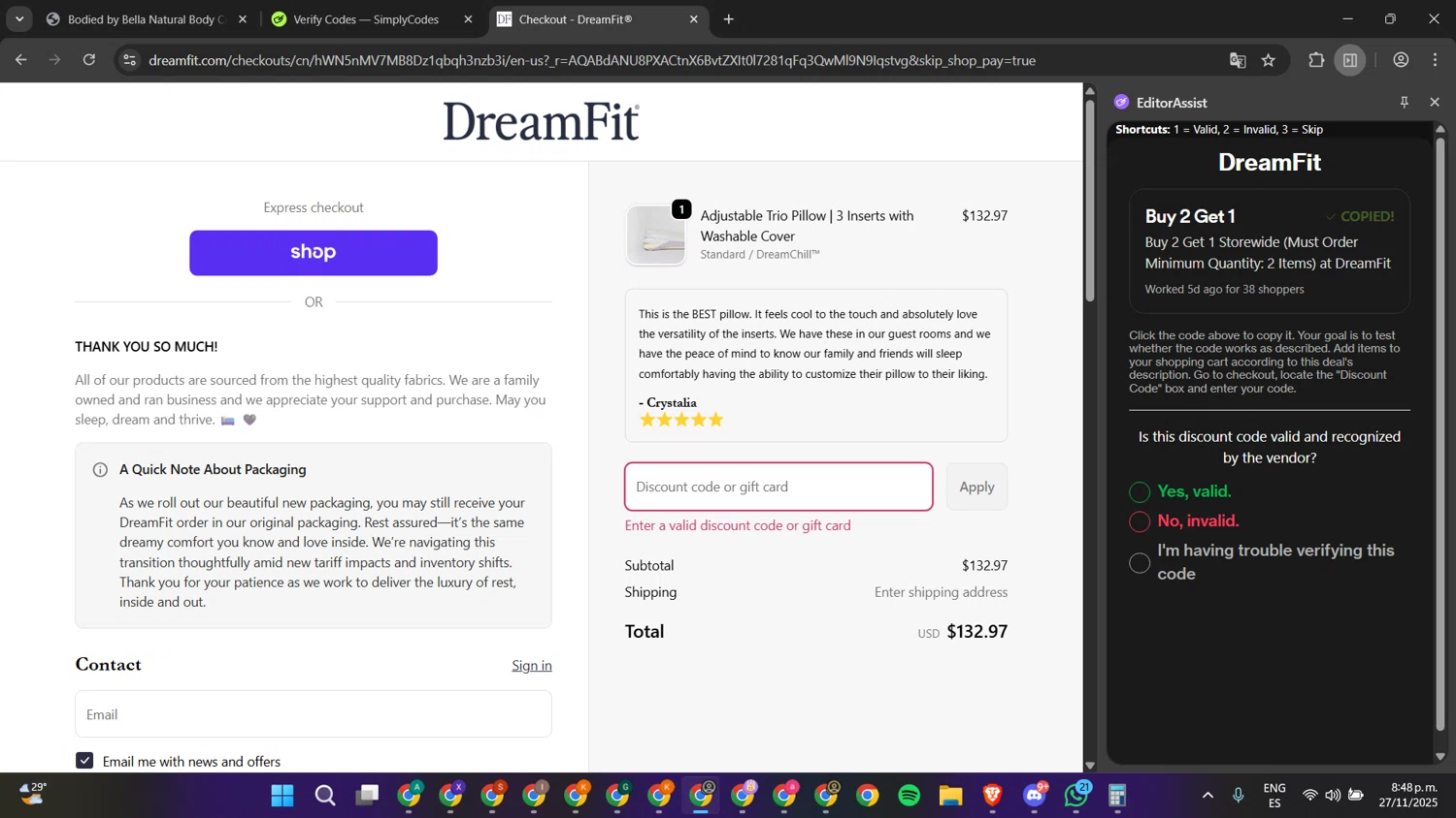 DreamFit coupon code screenshot showing code PILLOWBOGO applied at DreamFit checkout page. Uploaded by SimplyCodes community member gengarpirone292ca7 on Nov 28, 2025