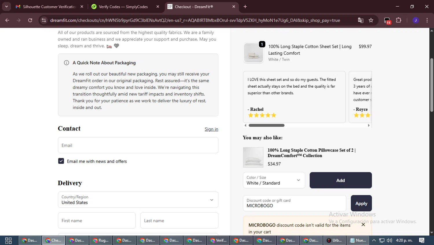 DreamFit coupon code screenshot showing code MICROBOGO applied at DreamFit checkout page. Uploaded by SimplyCodes community member LegendaryLegend9872 on Nov 22, 2025