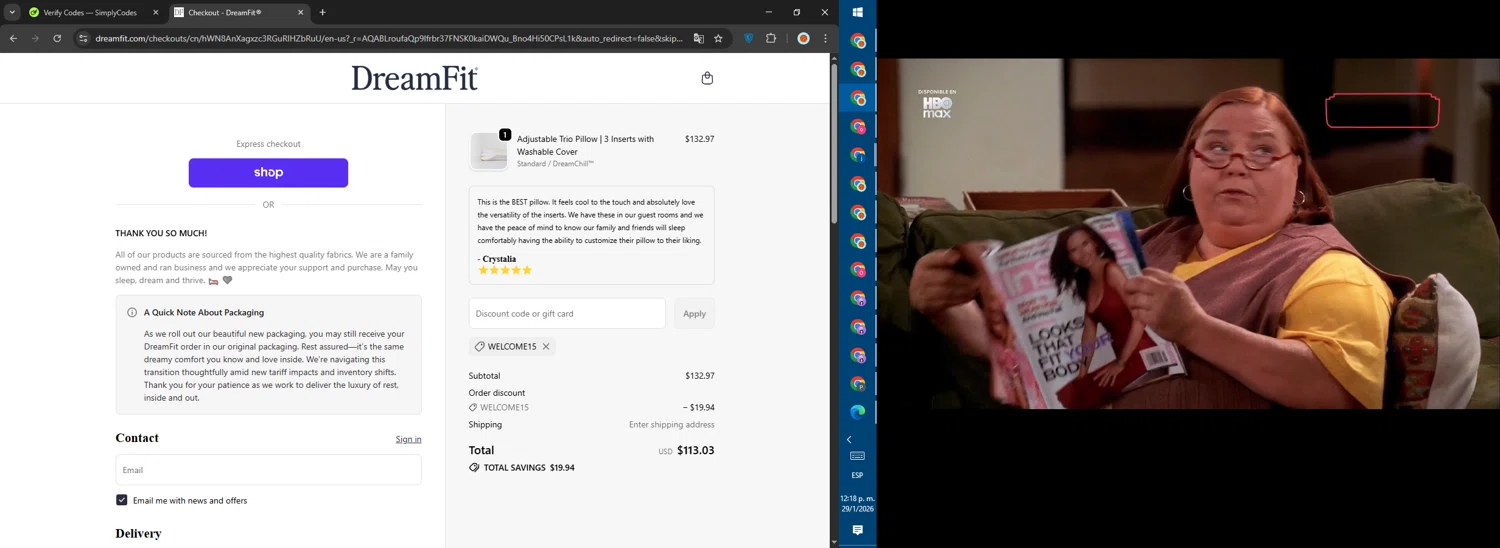 DreamFit coupon code screenshot showing code WELCOME15 applied at DreamFit checkout page. Uploaded by SimplyCodes community member SalePhoenix823 on Jan 29, 2026