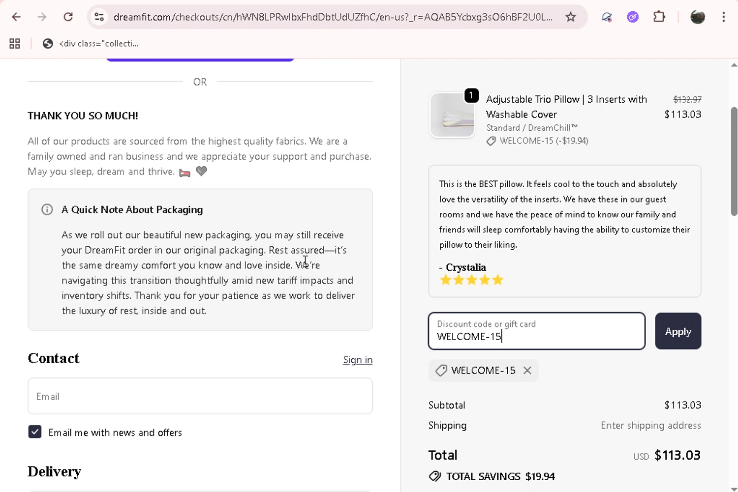 DreamFit checkout page showing DreamFit coupon code box | Screenshot taken by SimplyCodes community member on Feb 3, 2026