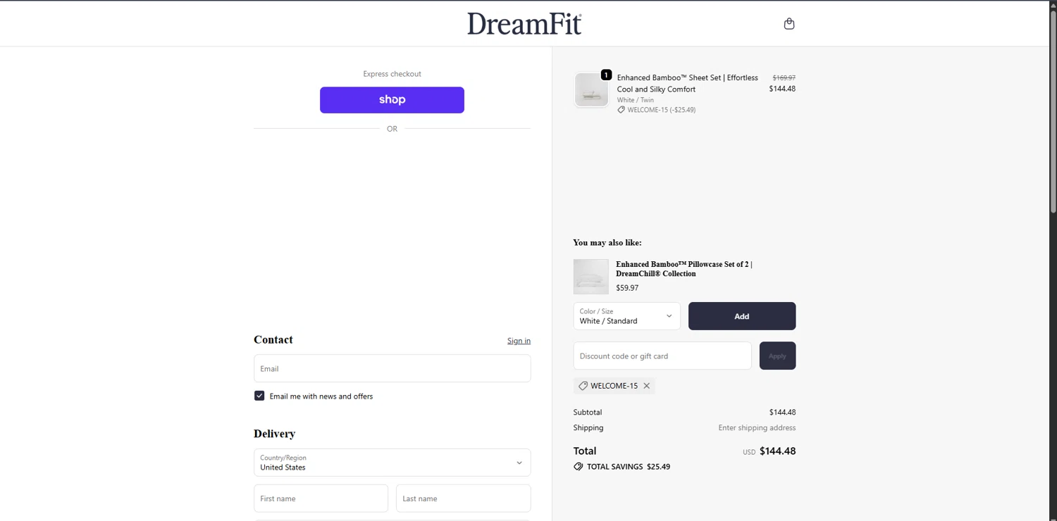 DreamFit coupon code screenshot showing code WELCOME-15 applied at DreamFit checkout page. Uploaded by SimplyCodes community member SwiftCurator5517 on Dec 6, 2025