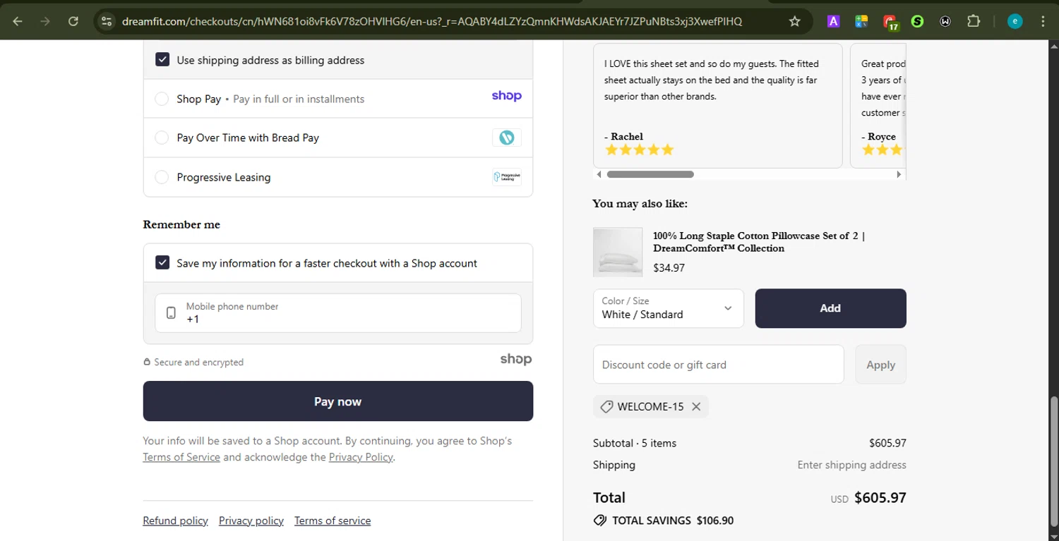 DreamFit coupon code screenshot showing code WELCOME-15 applied at DreamFit checkout page. Uploaded by SimplyCodes community member LOVECOUPON on Dec 6, 2025