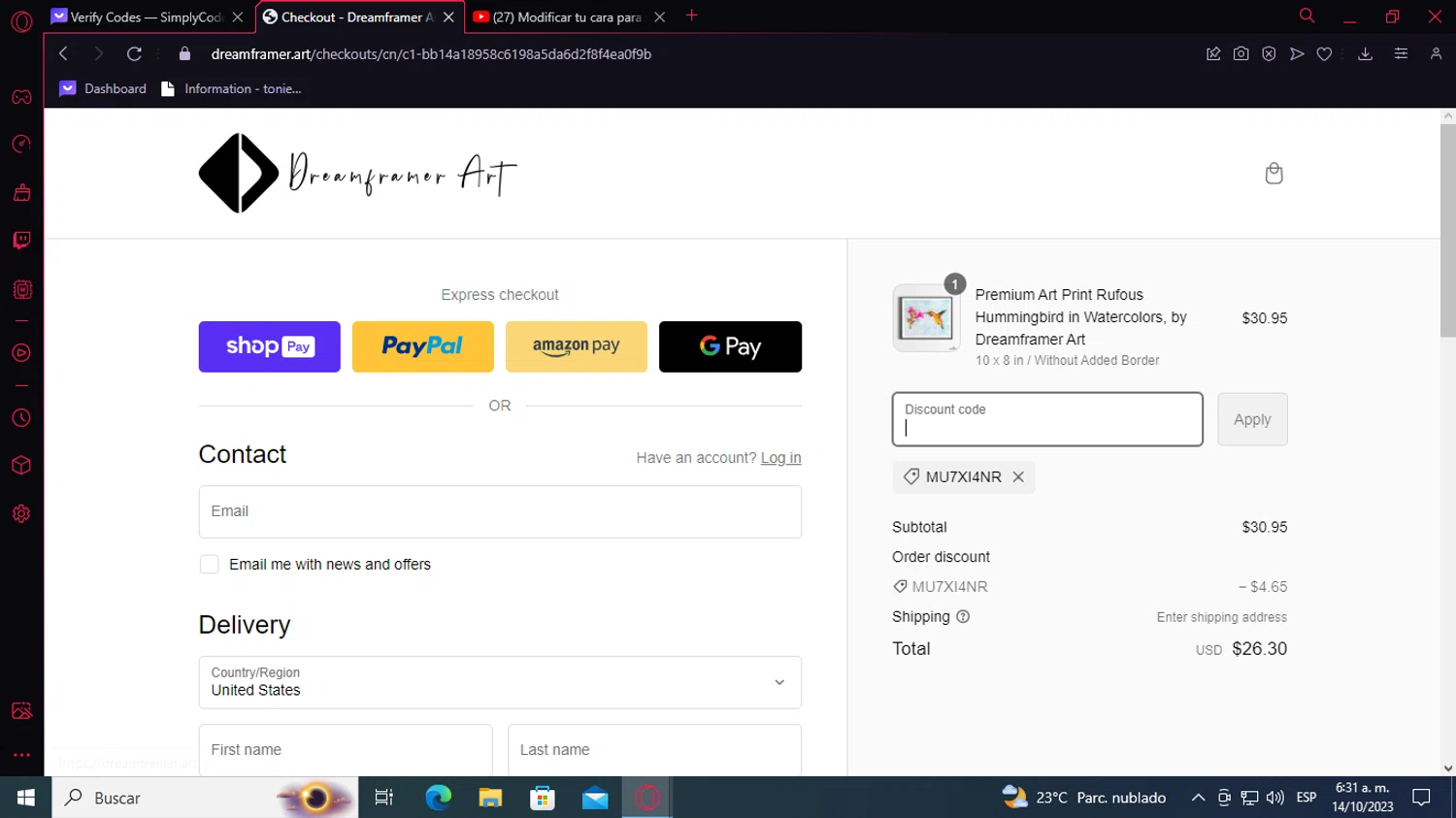 Dream Framer checkout page showing Dream Framer promo code box | Screenshot taken by SimplyCodes community member on Oct 14, 2023