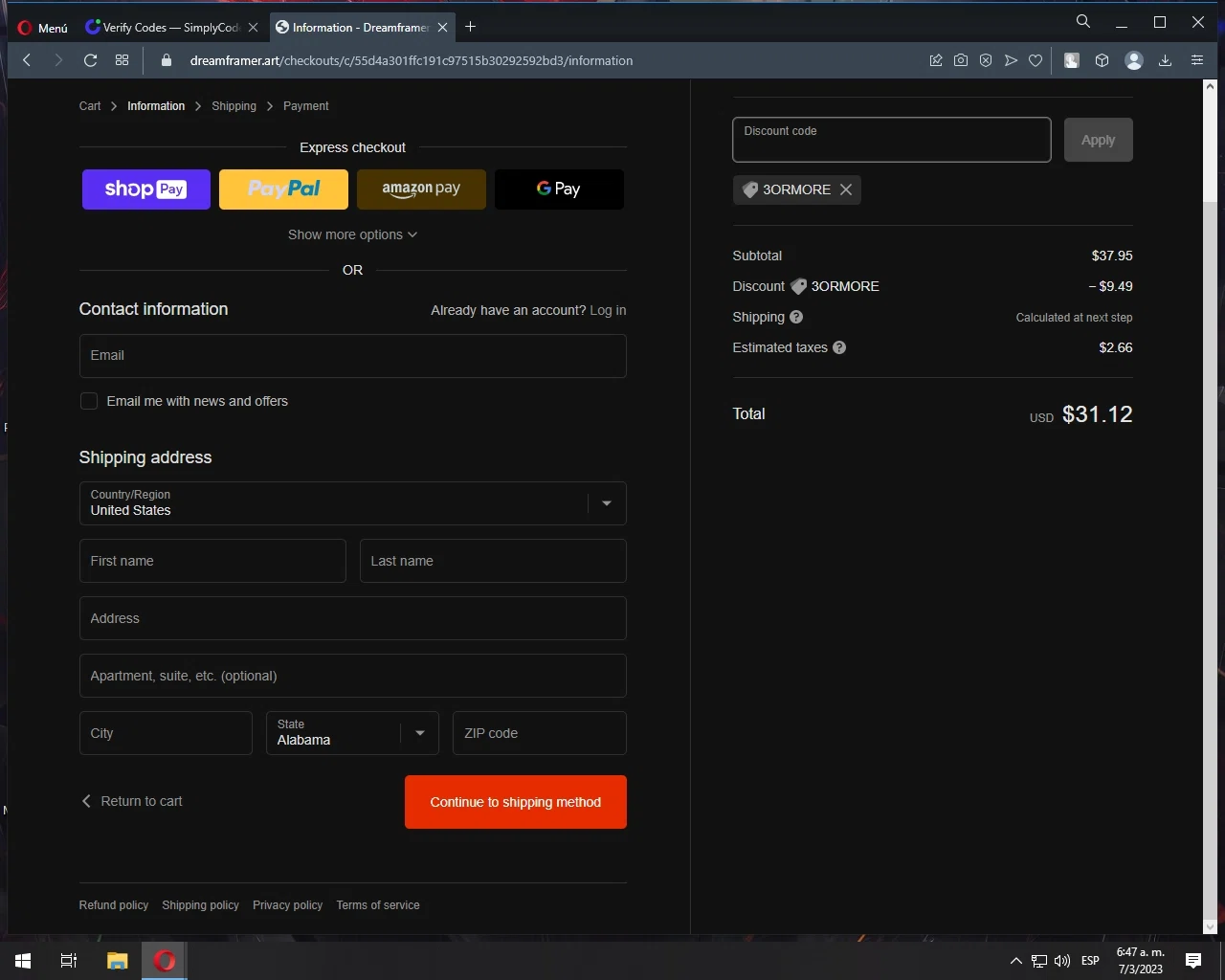 Dream Framer checkout page showing Dream Framer promo code box | Screenshot taken by SimplyCodes community member on Mar 7, 2023