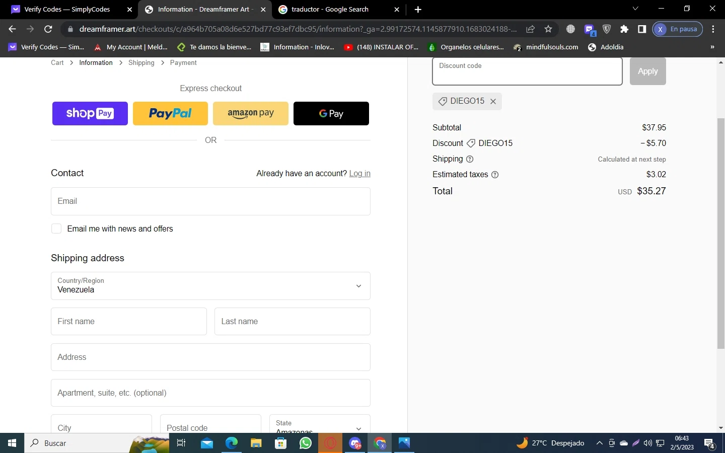 Dream Framer checkout page showing Dream Framer promo code box | Screenshot taken by SimplyCodes community member on May 2, 2023