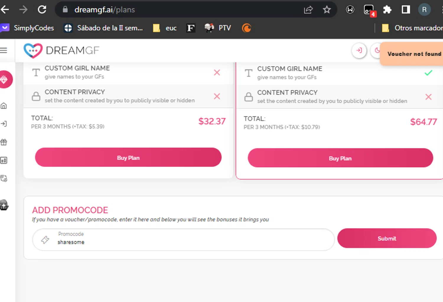DreamGF AI checkout page showing DreamGF AI promo code box | Screenshot taken by SimplyCodes community member on Feb 8, 2024