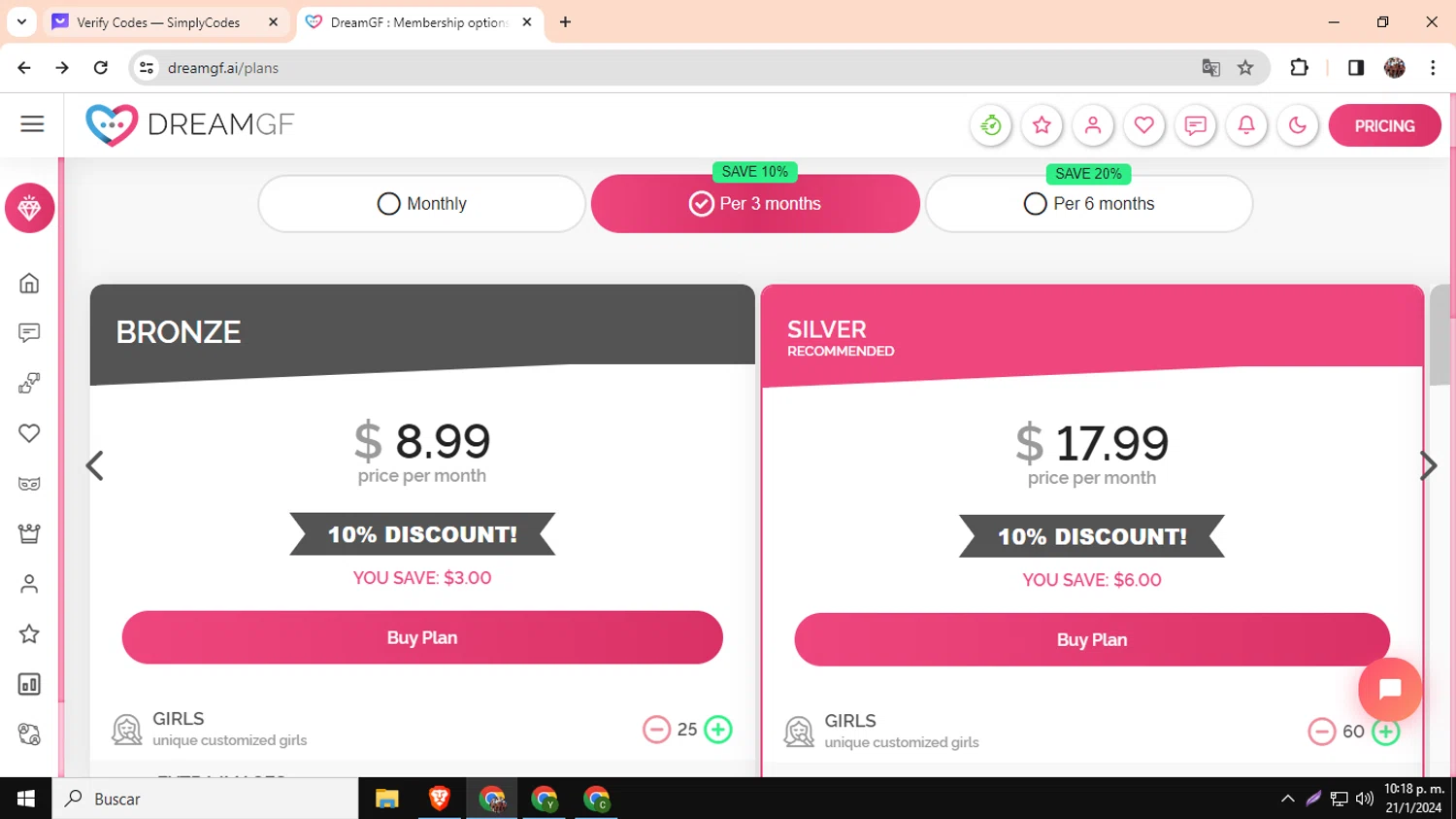 DreamGF AI checkout page showing DreamGF AI promo code box | Screenshot taken by SimplyCodes community member on Jan 22, 2024