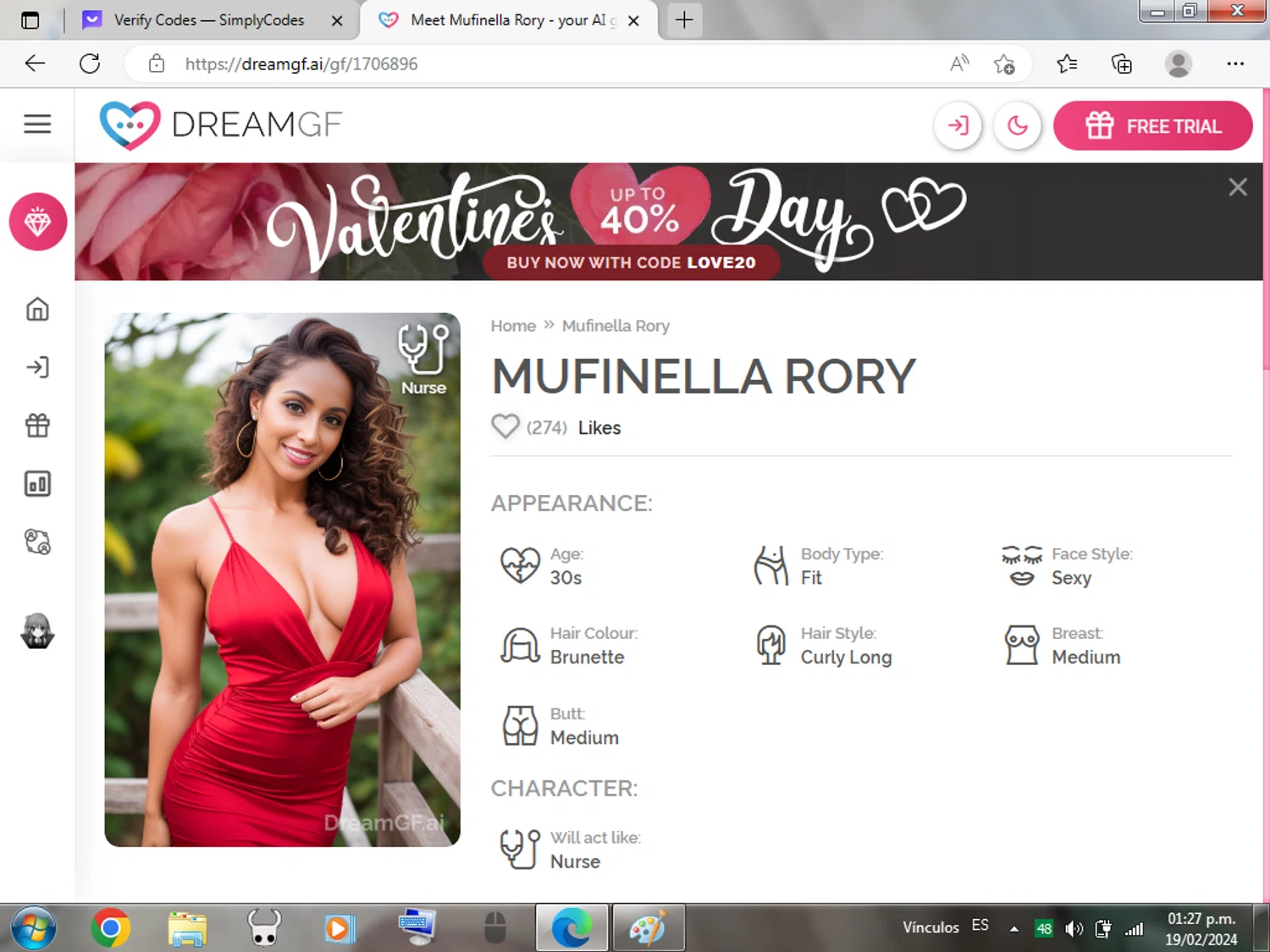DreamGF AI checkout page showing DreamGF AI promo code box | Screenshot taken by SimplyCodes community member on Feb 19, 2024
