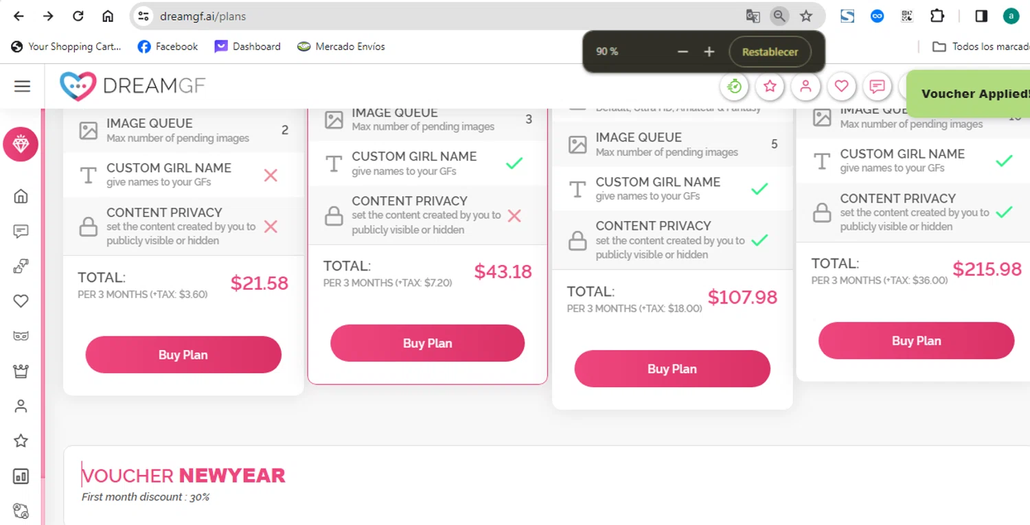 DreamGF AI checkout page showing DreamGF AI promo code box | Screenshot taken by SimplyCodes community member on Jan 1, 2024