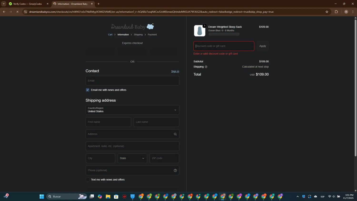 Dreamland Baby discount code screenshot showing code SIMPLYCODES applied at Dreamland Baby checkout page. Uploaded by SimplyCodes community member CashScout2884 on Nov 7, 2025