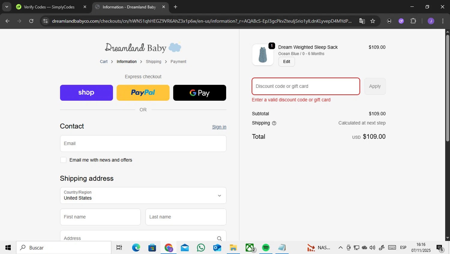 Dreamland Baby discount code screenshot showing code SIMPLYCODES applied at Dreamland Baby checkout page. Uploaded by SimplyCodes community member ENCARAMESSI on Nov 7, 2025